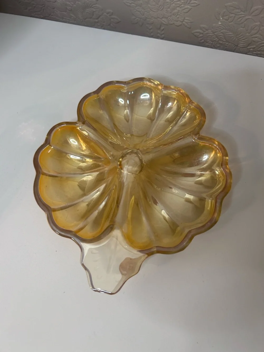 Vintage Marigold Carnival Glass Flower Dish: Iridescent Trinket Candy Dish - Picture 1 of 4